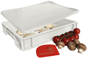 RoyalFay® Pizzaballenbox 30 x 40 x 7 cm mit Deckel für Pizzateig Kunststoffbehälter weiß stapelbar mit Spachtel für den Kühlschrank
